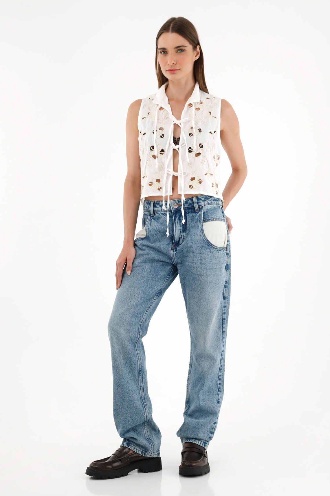 Jean Recto tiro alto azul para mujer