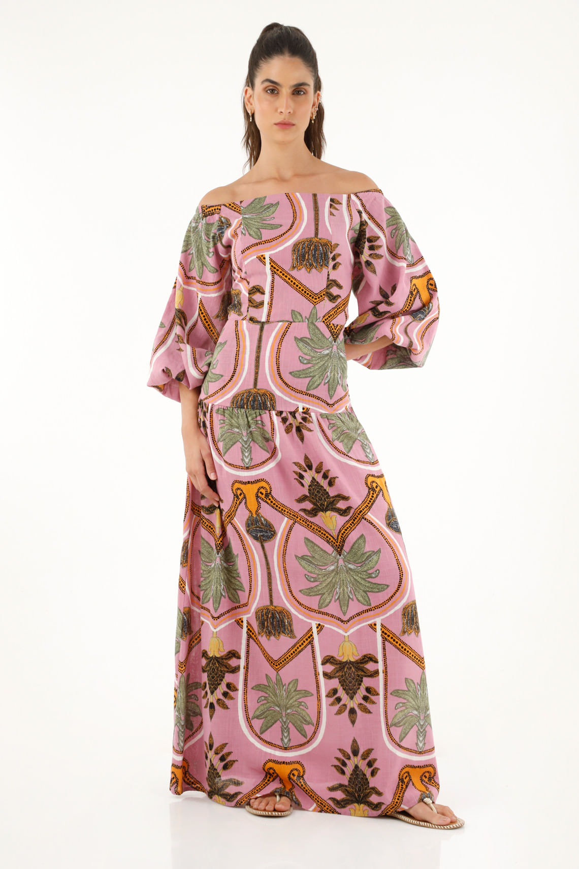 Vestido largo estampado de escote bandeja para mujer