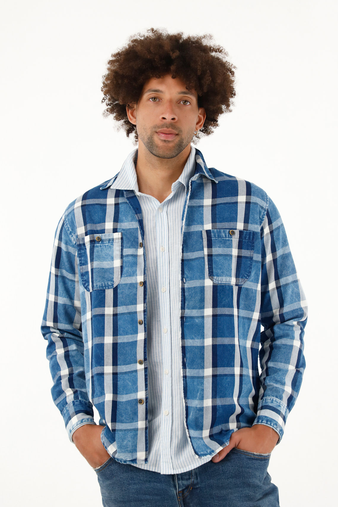 Camisa azul tipo leñadora para hombre