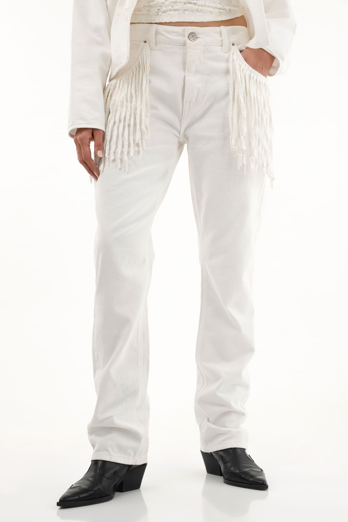 Jean Recto tiro alto con flecos para mujer