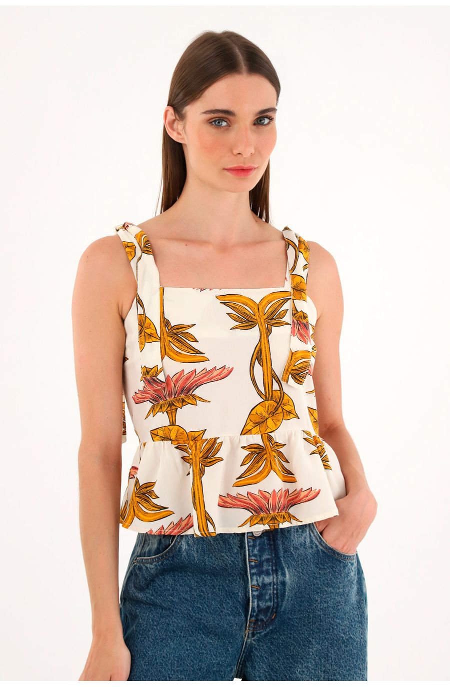 Camisa cuello recto estampada para mujer