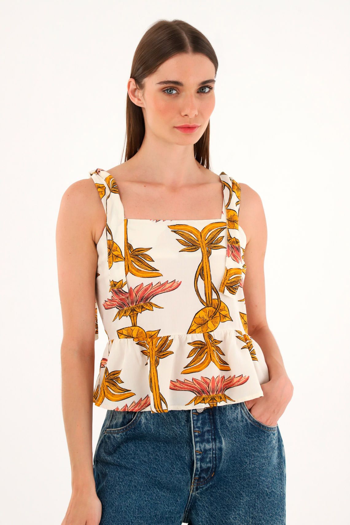 Camisa cuello recto estampada para mujer