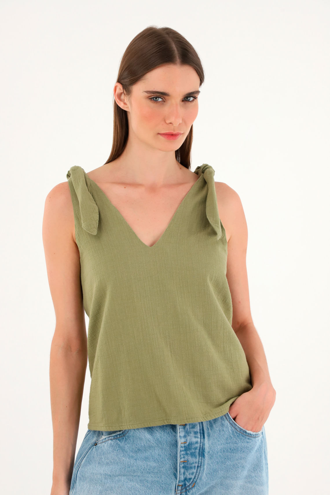 Camisa verde de escote en V y tiras para mujer