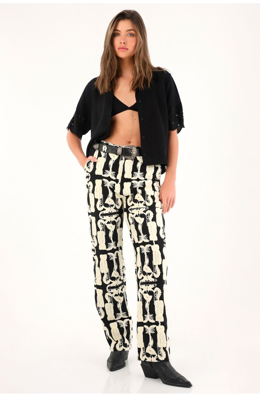 Pantalón recto tiro alto con tela bordada afelpada para mujer