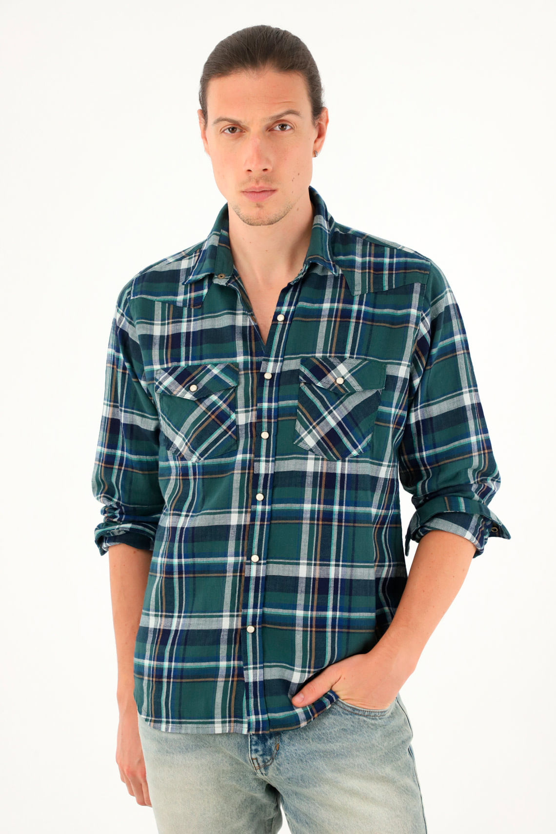 Camisa tipo leñadora a cuadros verde para hombre