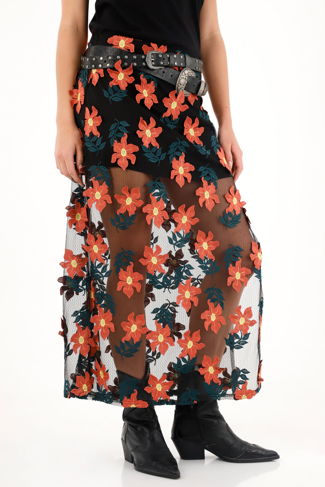 Falda larga con apliques de flores 3D para mujer