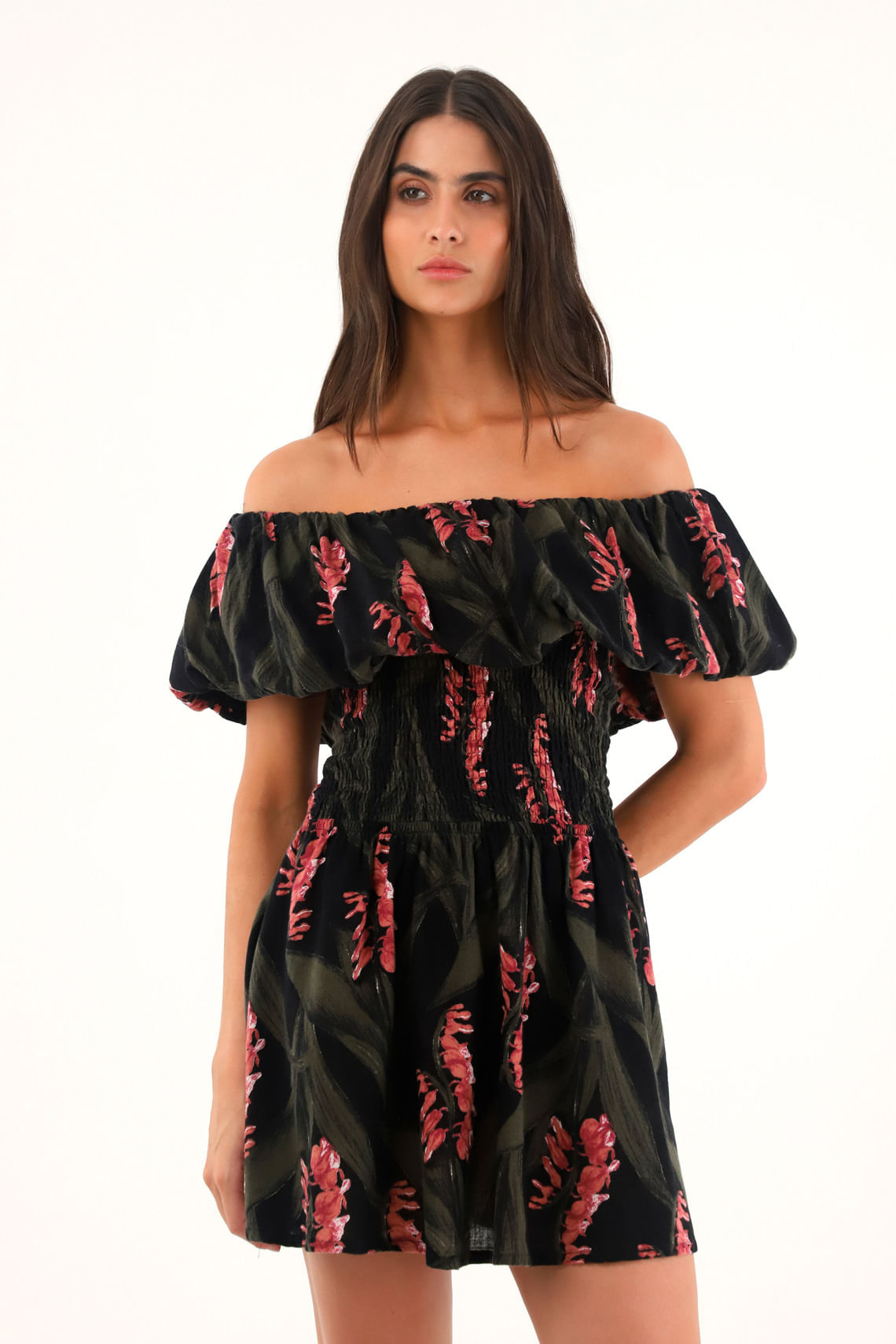 Vestido corto estampado con escote bandeja para mujer