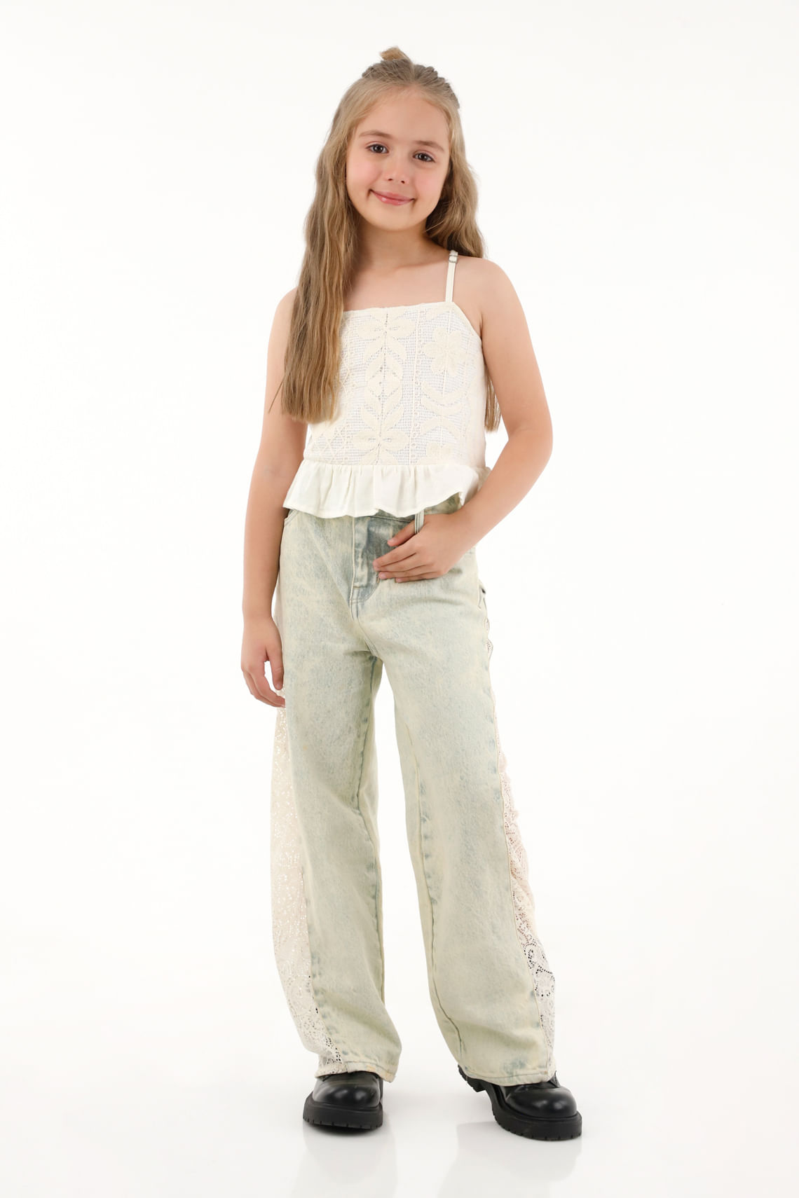 Jean Wide Leg tiro alto con detalles de encaje azul para niña