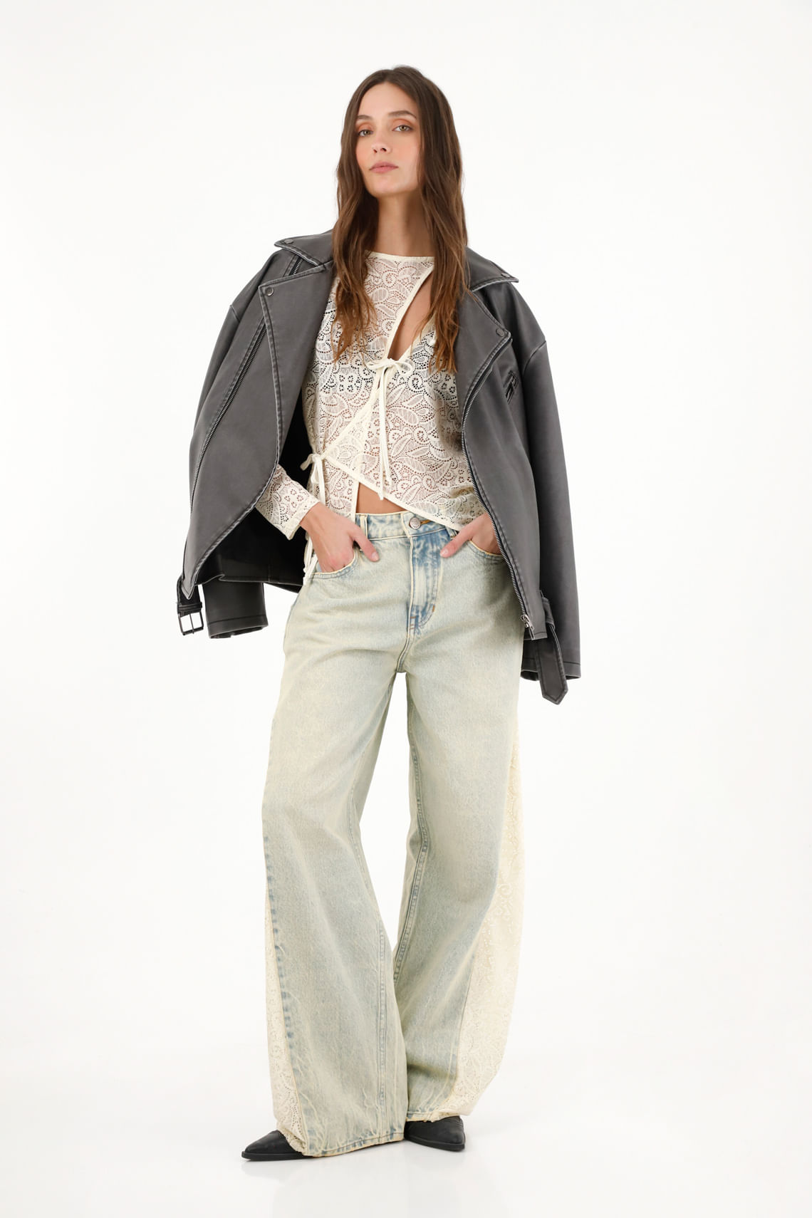 Jean Wide Leg tiro alto con encaje en laterales para mujer