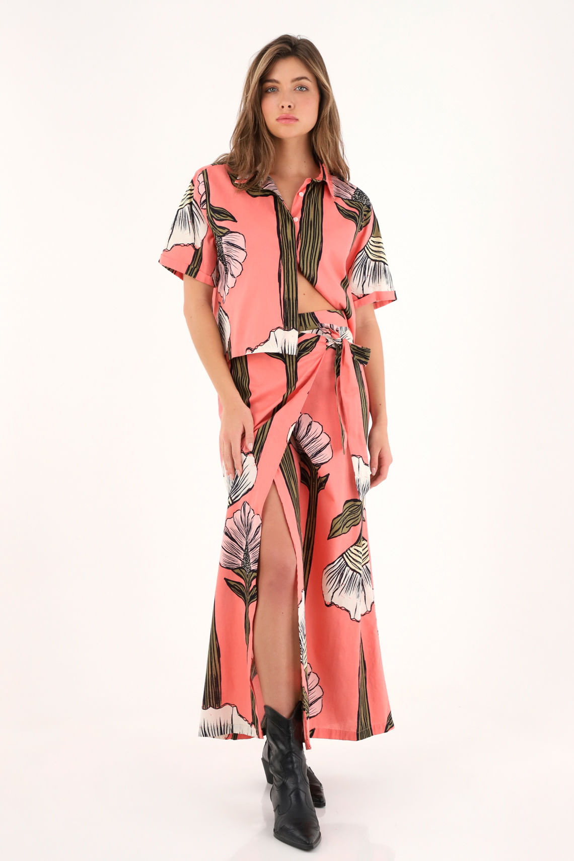 Falda larga tipo pareo con estampado de flores para mujer