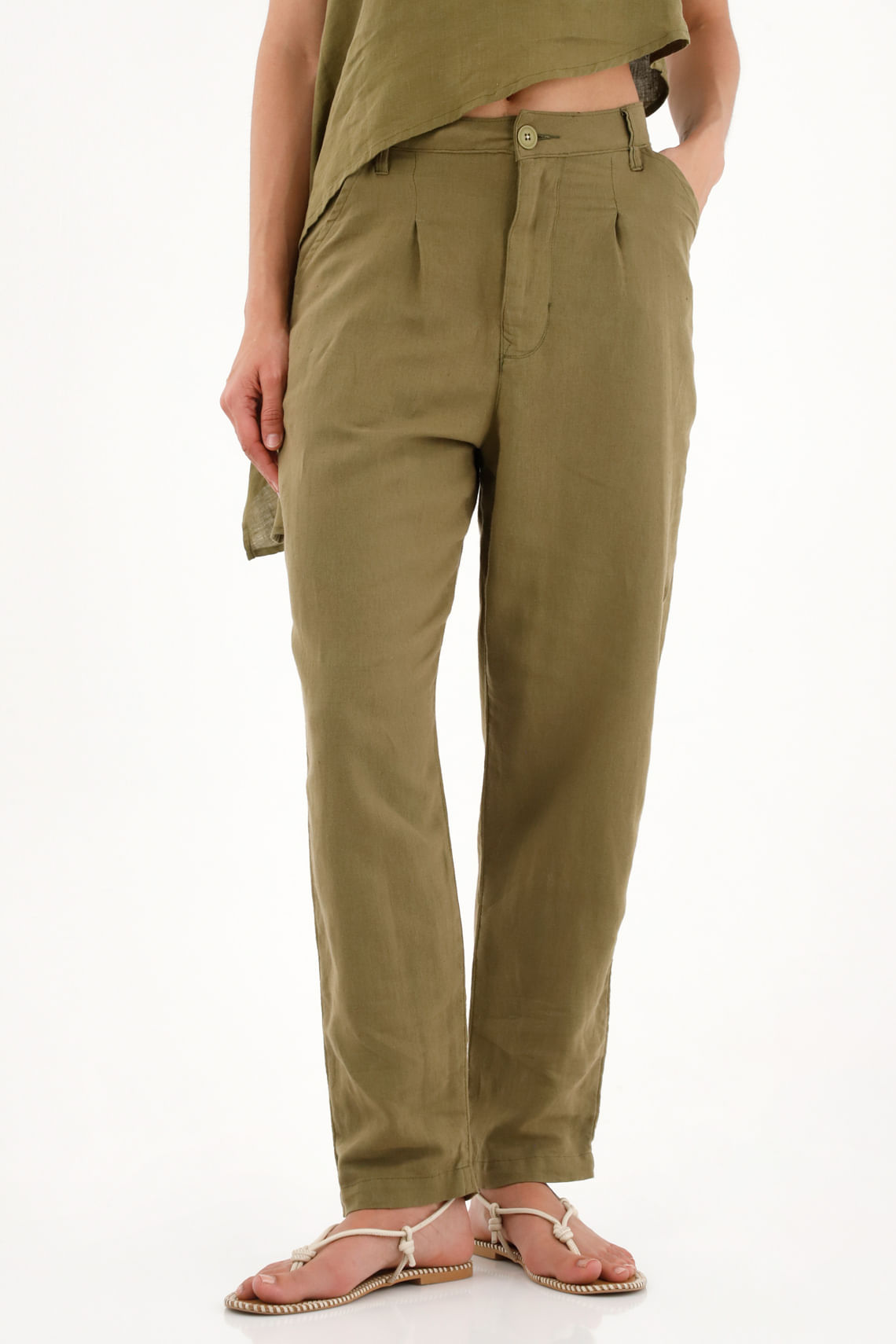 Pantalón clásico verde en 100% lino para mujer