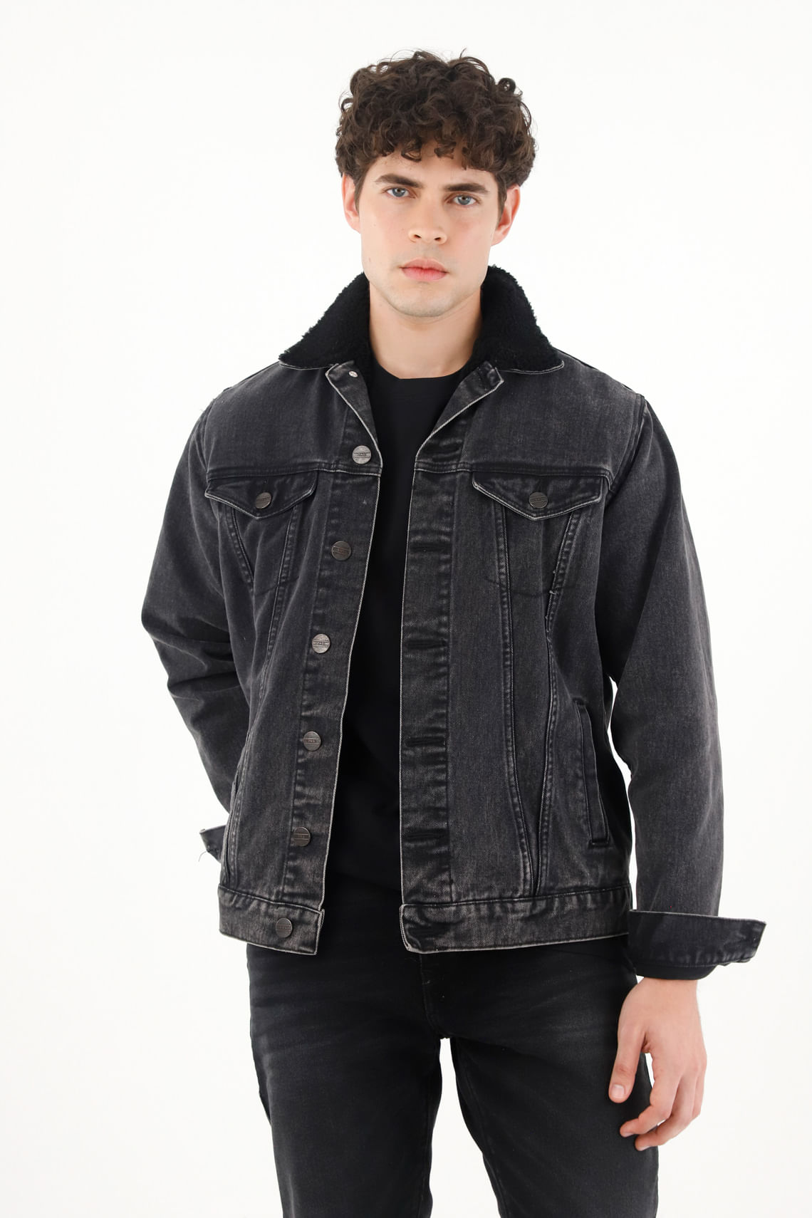 Chaqueta Trucker con cuello en ovejo negra para hombre