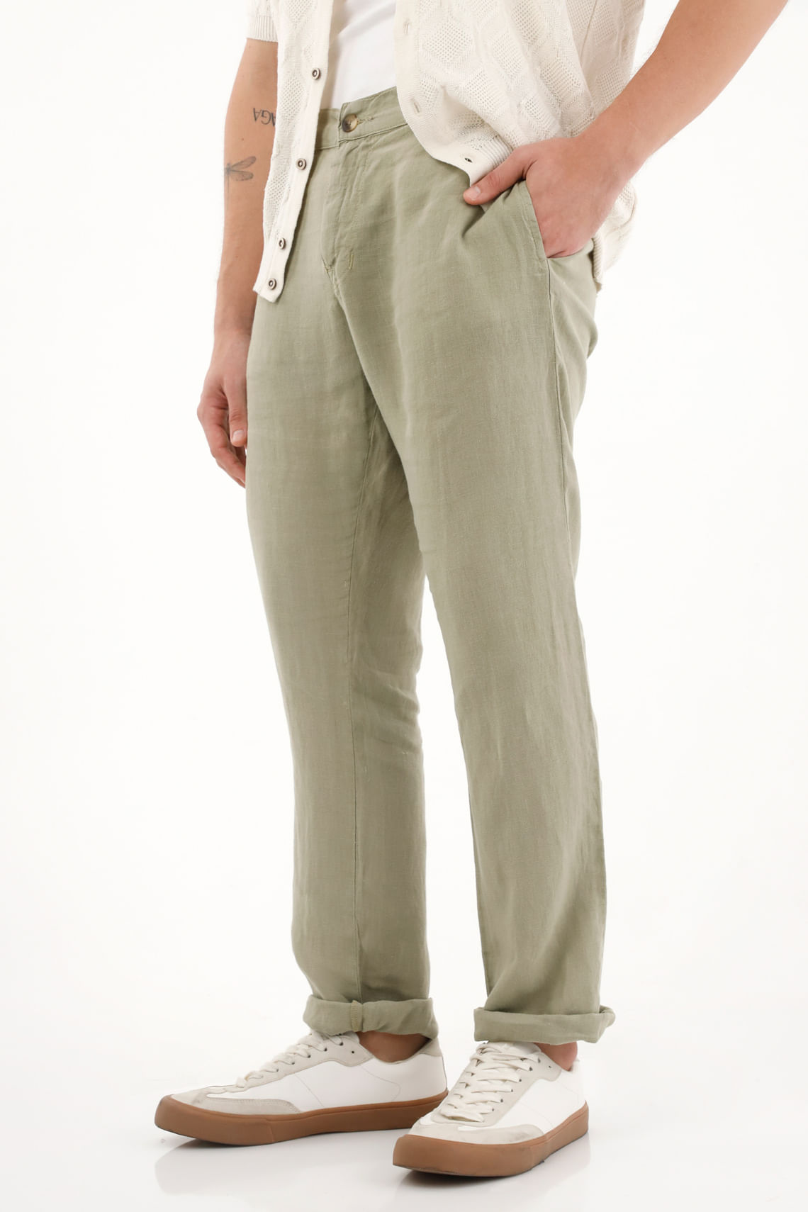 Pantalón chino en 100% lino verde para hombre