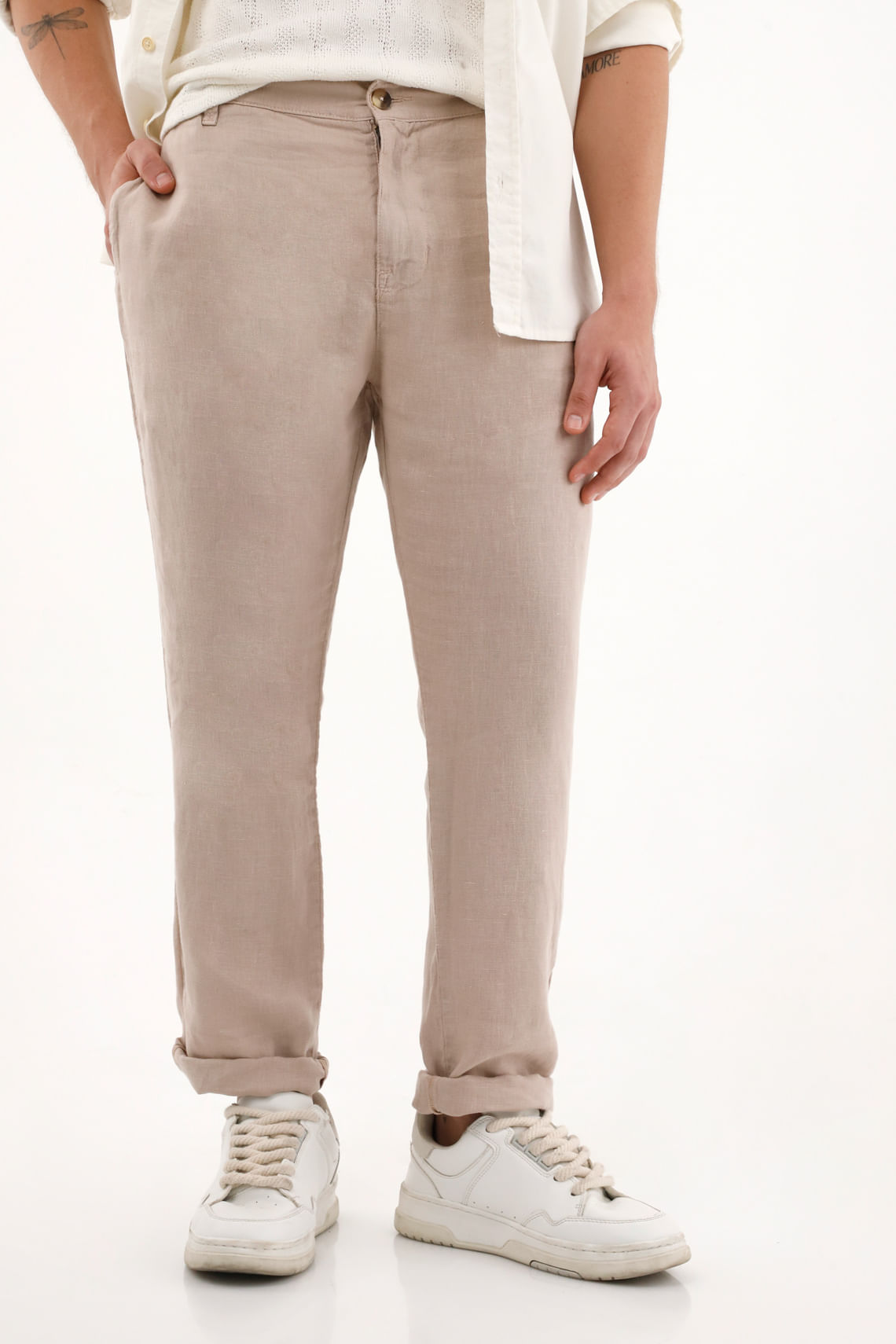 Pantalón chino en 100% lino café para hombre
