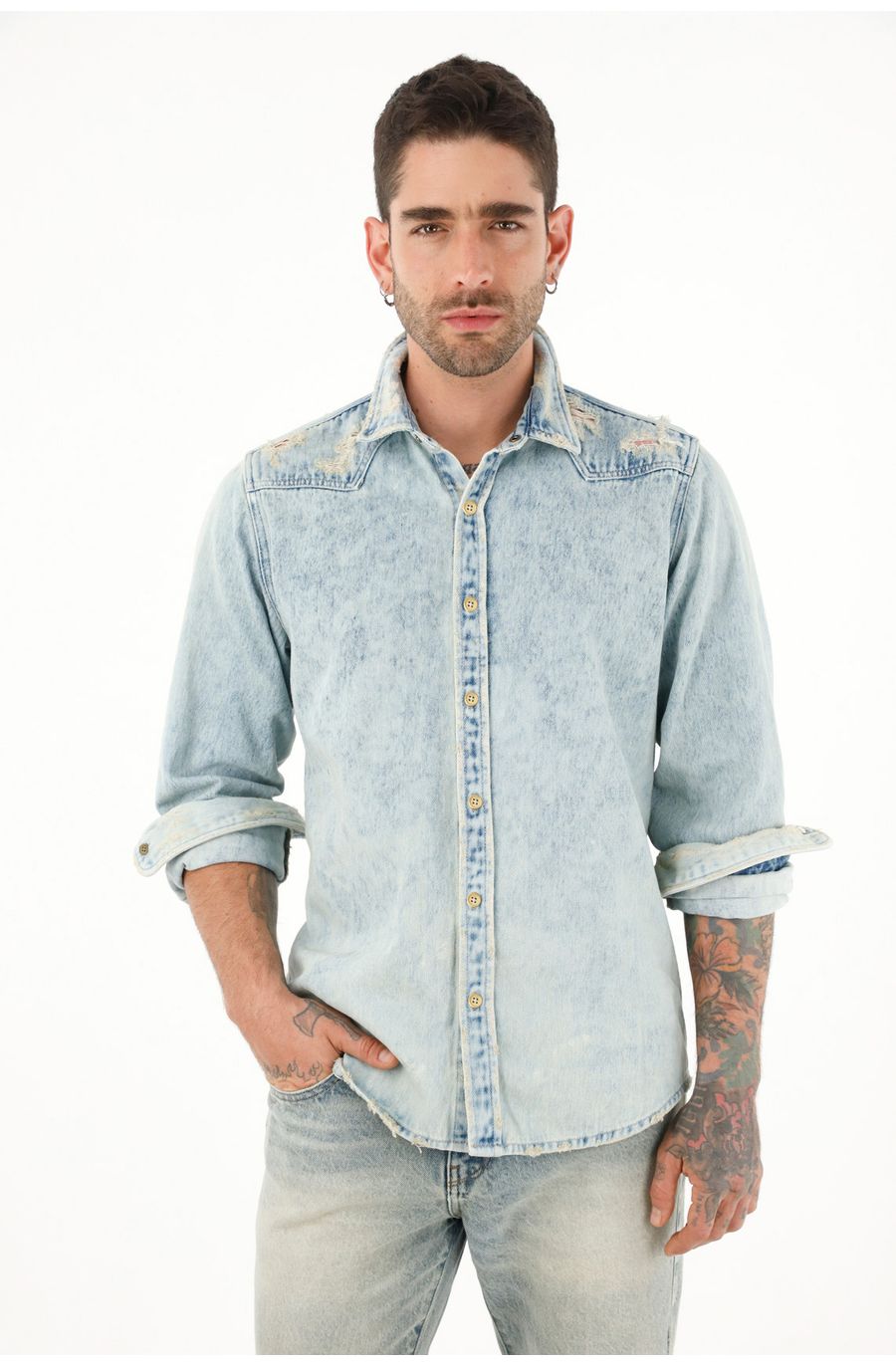 Camisa azul manga larga en denim para hombre