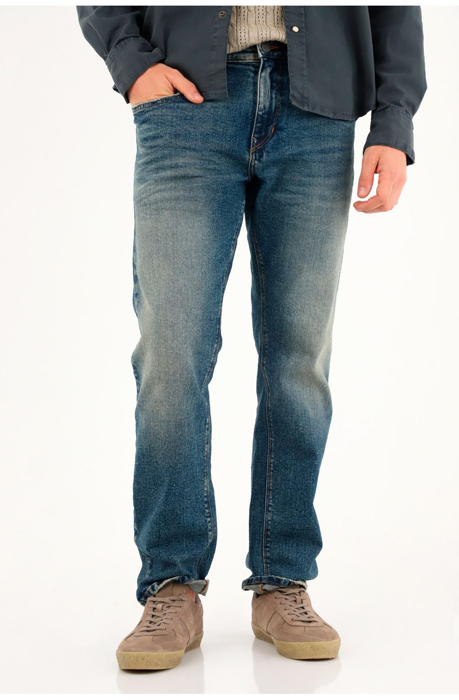 Jean Recto tono medio con desgastes azul para hombre
