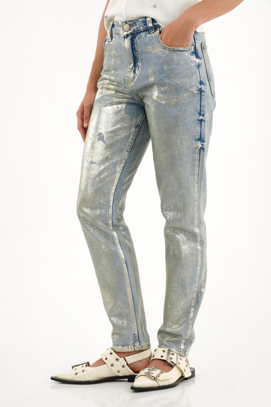 Jean Mom tiro alto efecto foil dorado para mujer