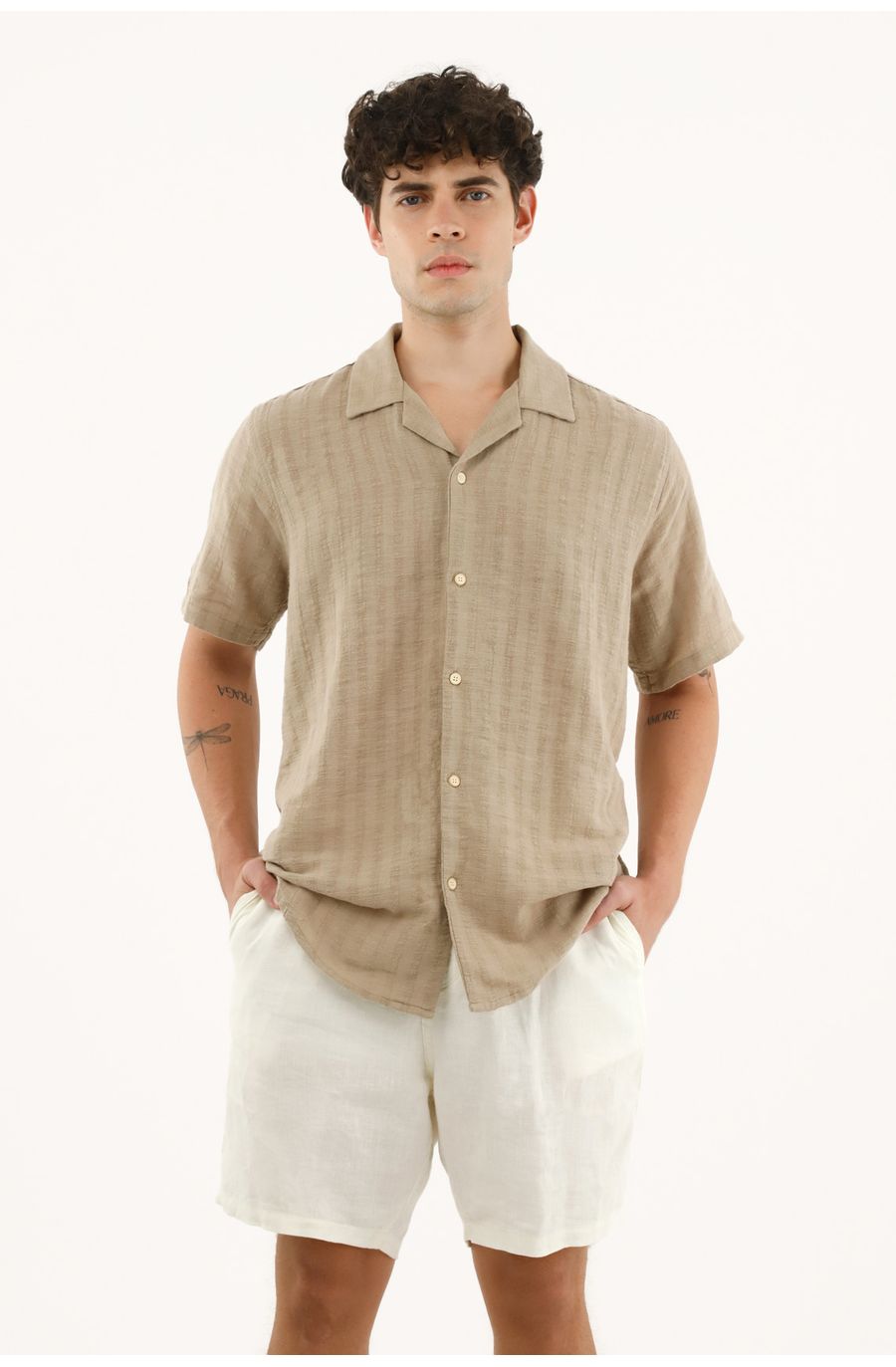 Camisa café tipo bowling manga corta para hombre