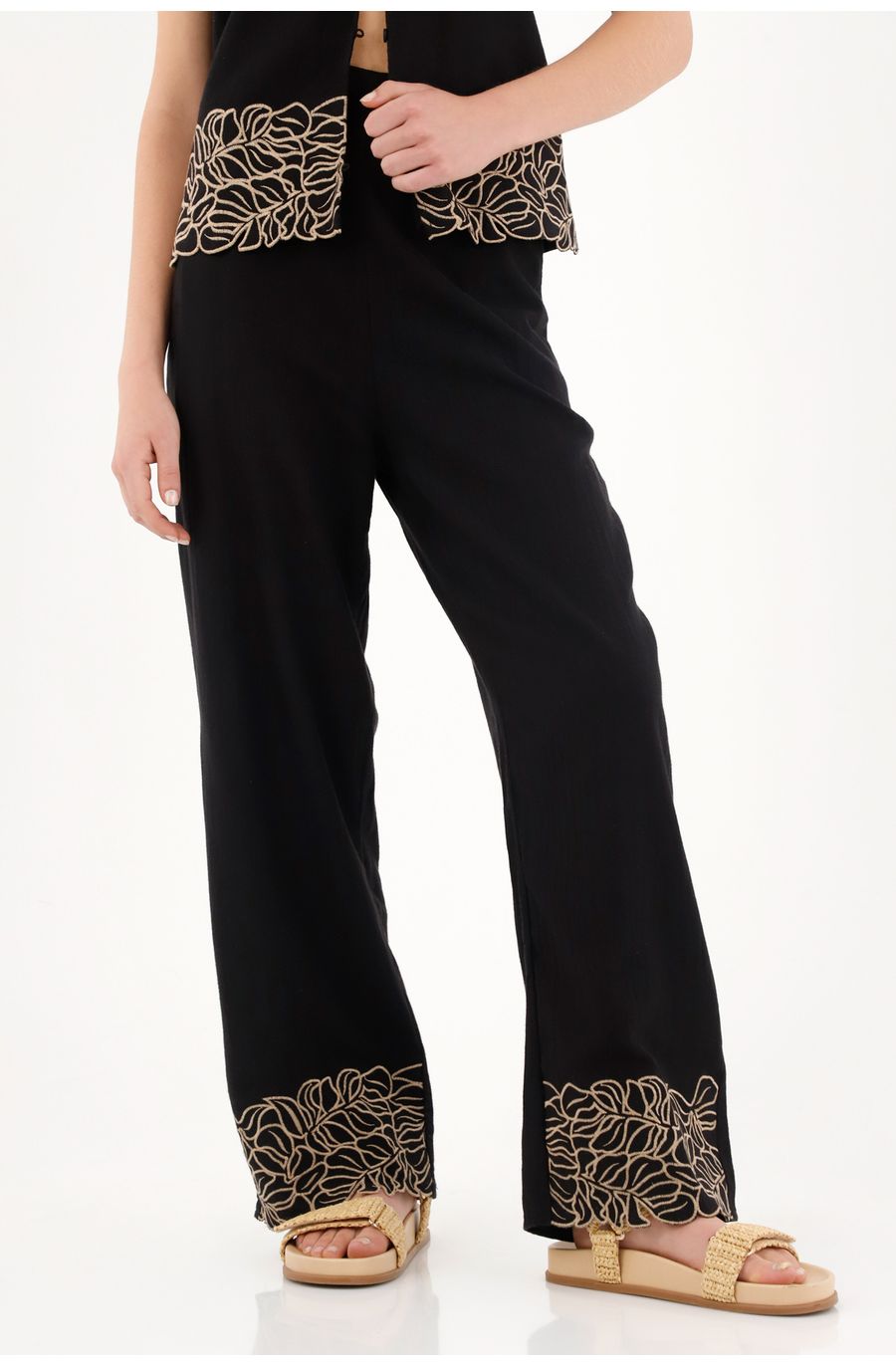 Pantalón negro recto con pretina elástica para mujer