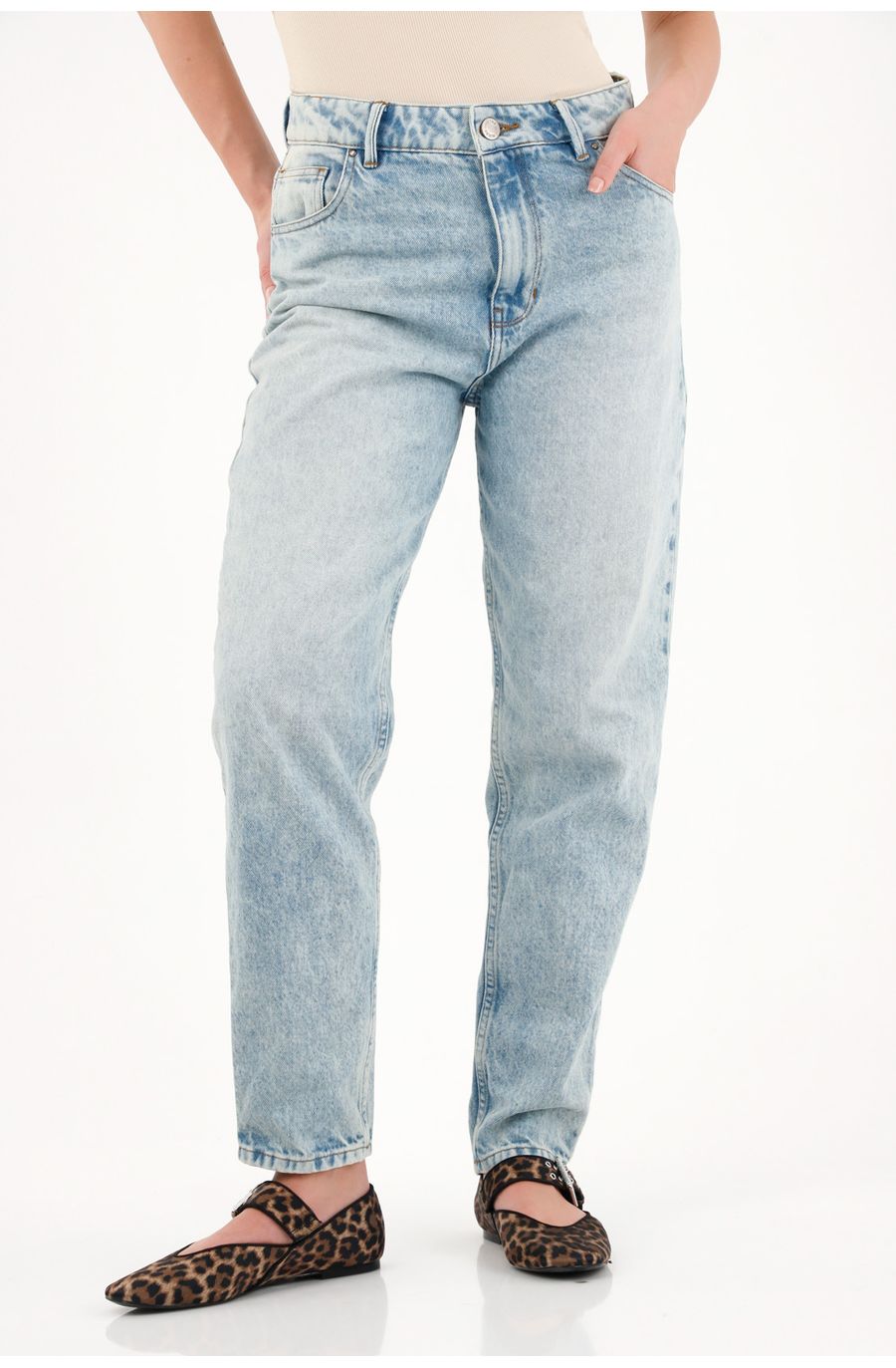 Jean Mom tiro alto azul para mujer