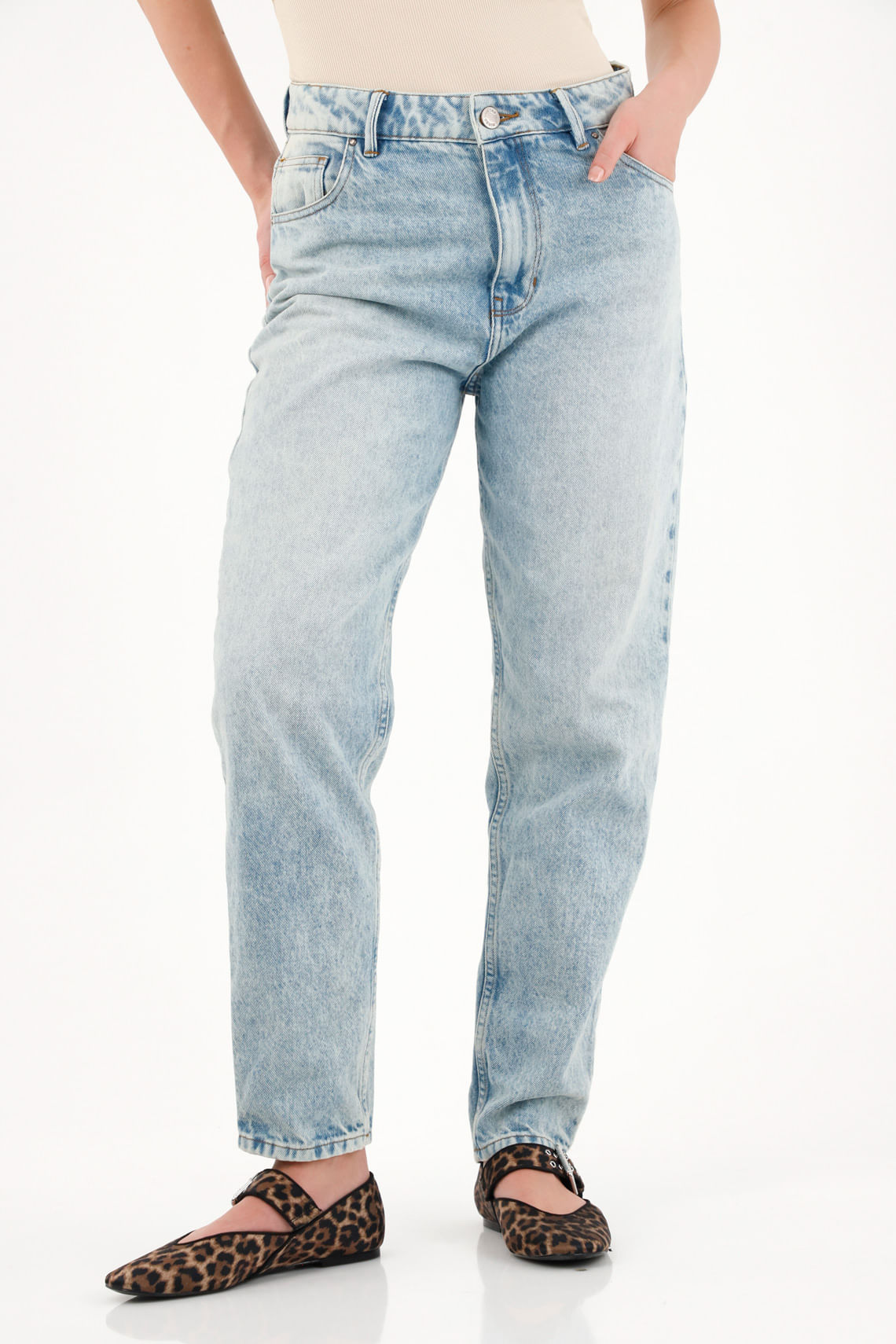 Jean Mom tiro alto azul para mujer