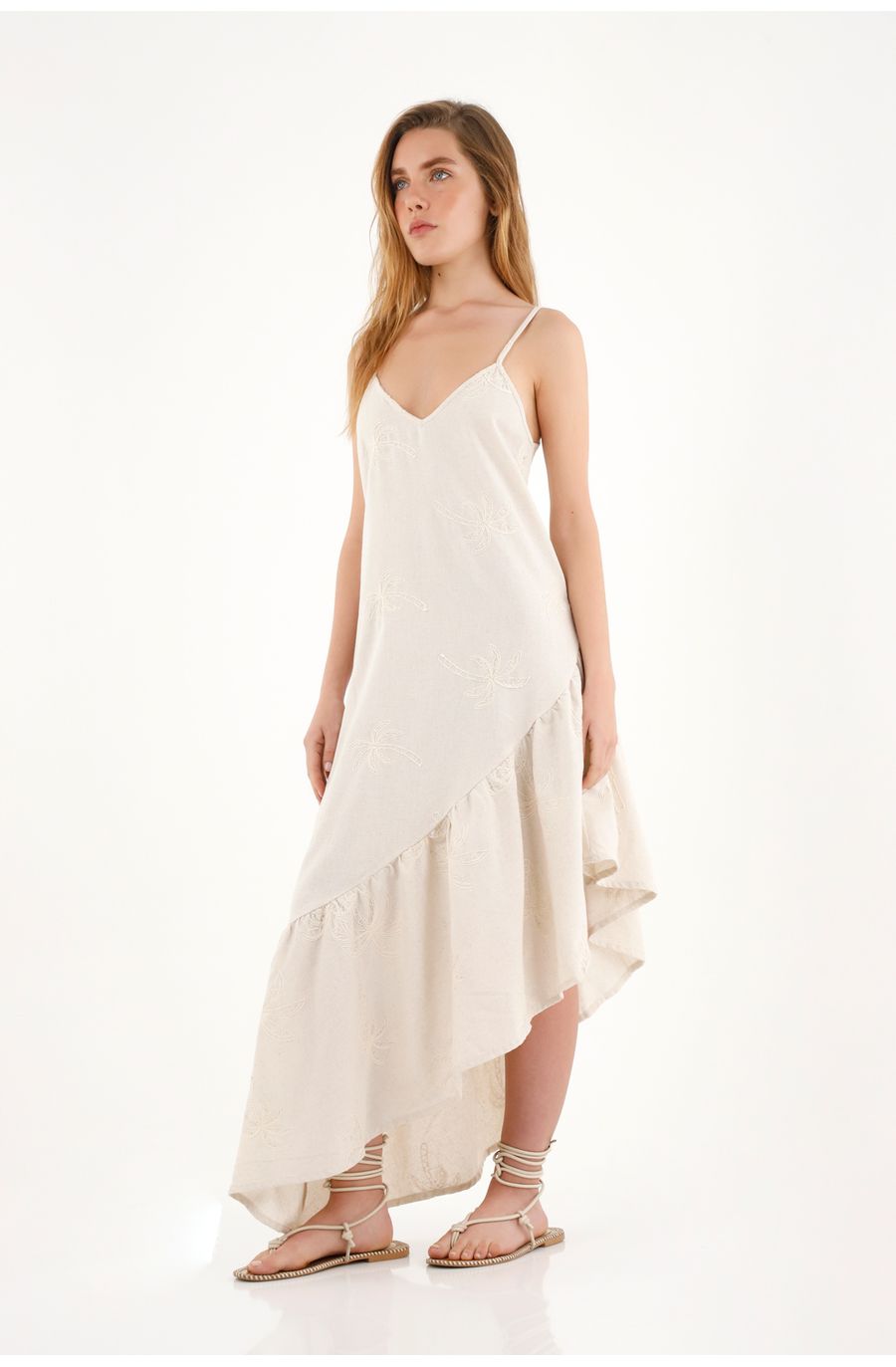 Vestido crudo largo bordado para mujer