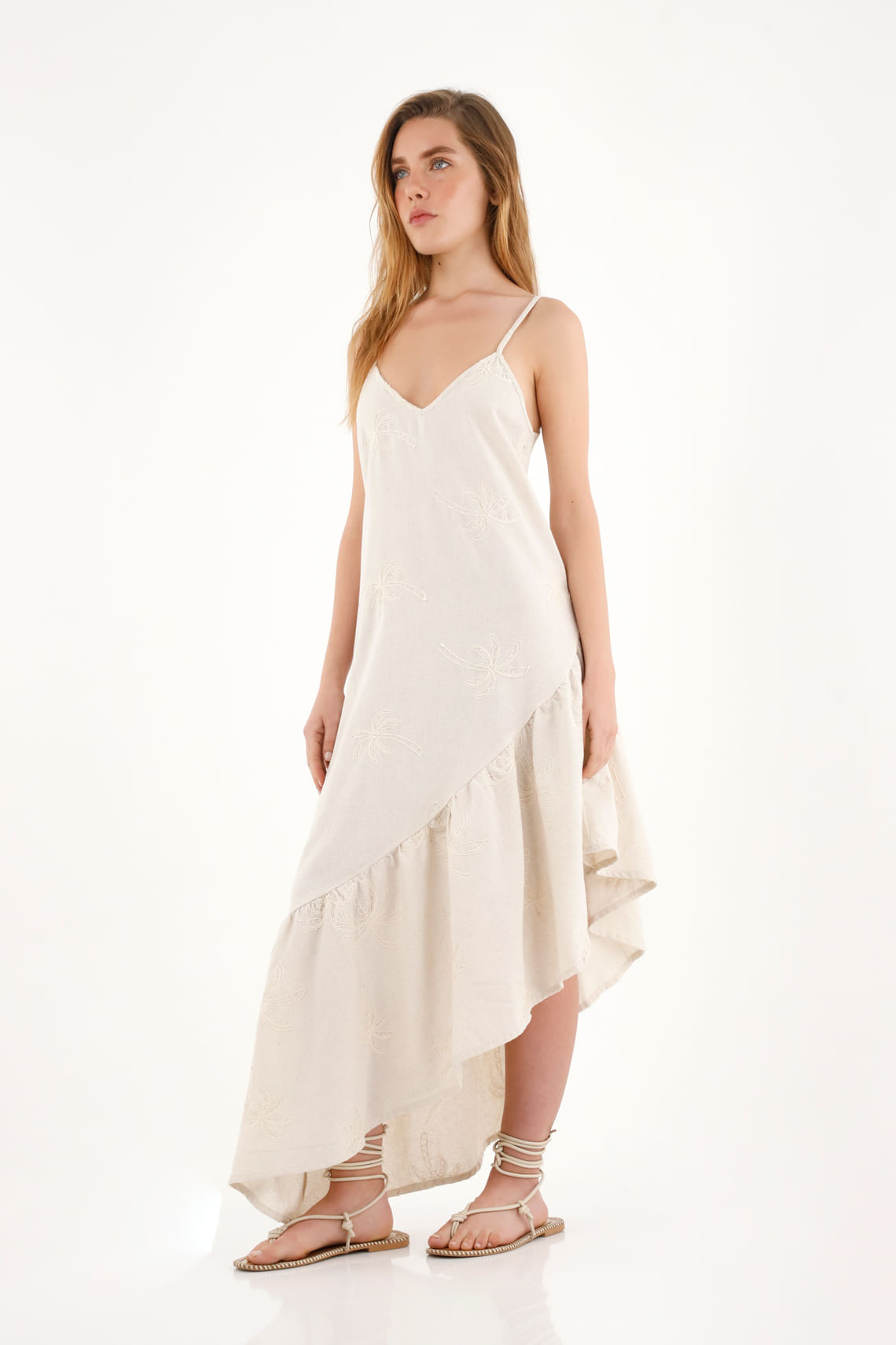Vestido crudo largo bordado para mujer