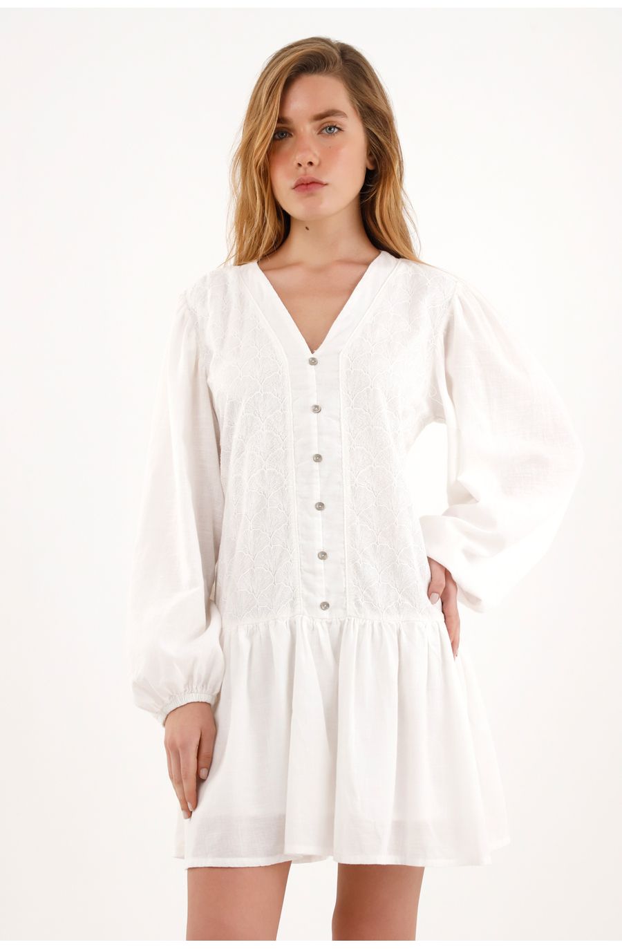 Vestido crudo corto manga larga para mujer