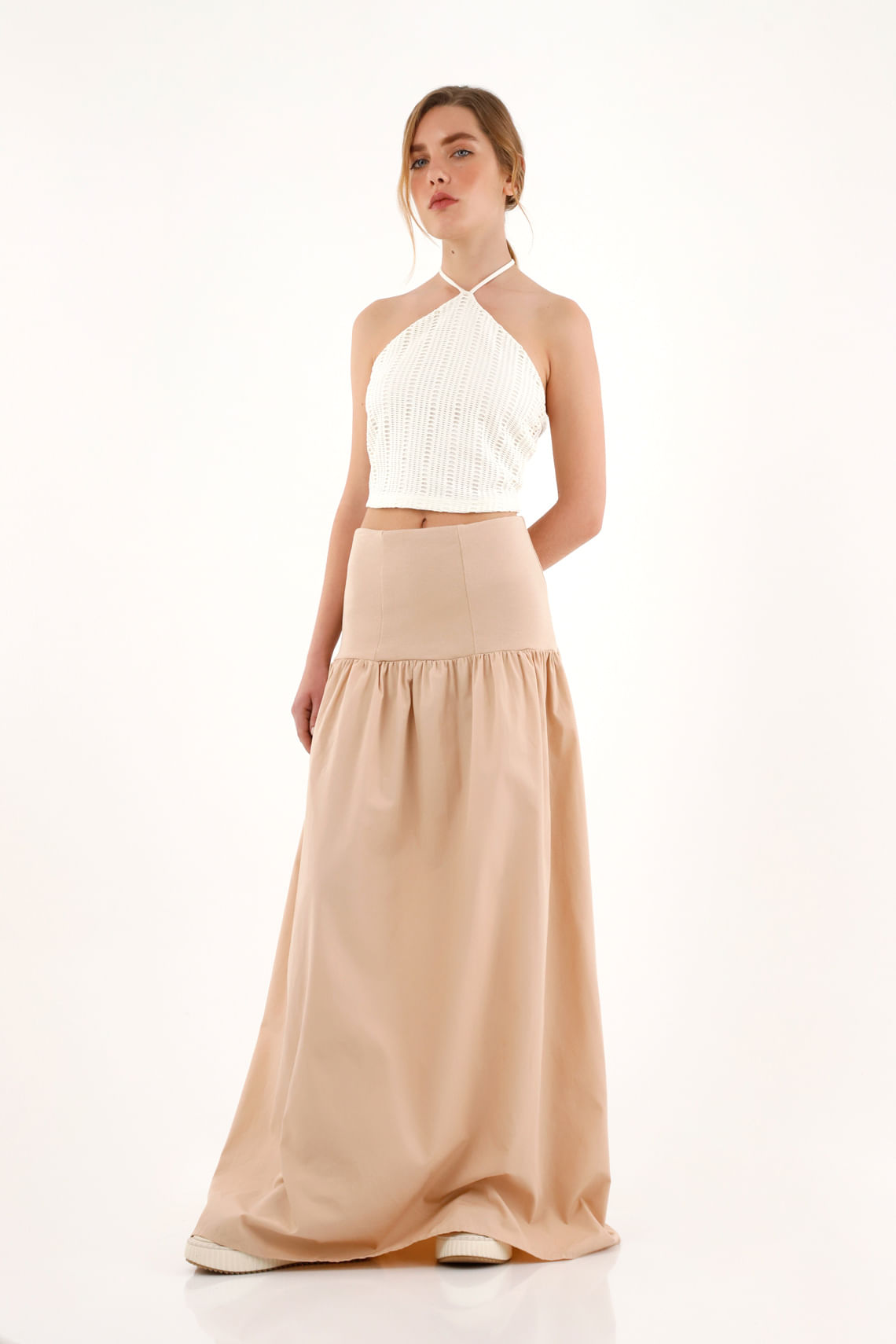 Falda larga café con pretina en rib para mujer