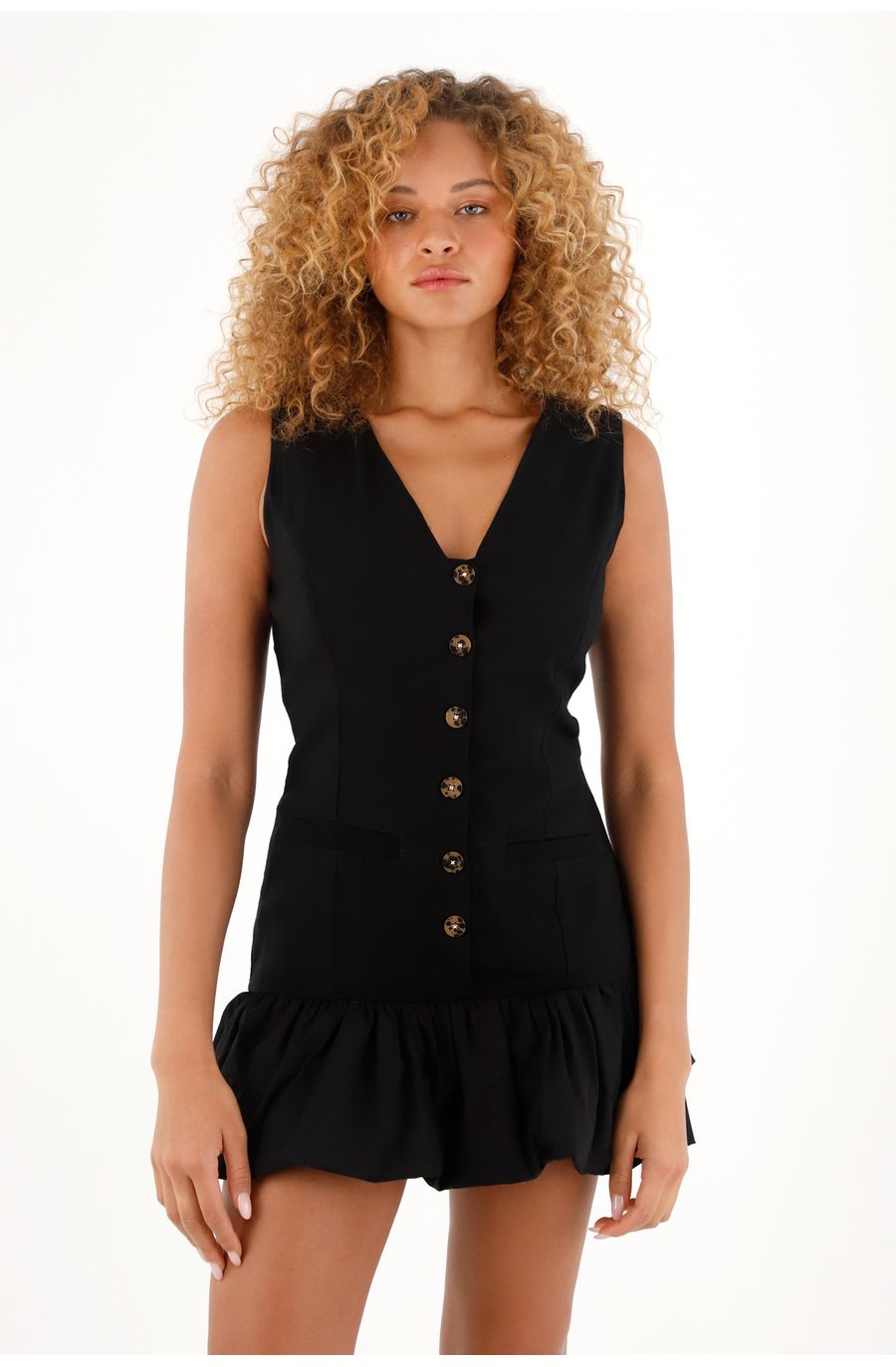 Vestido corto negro con falda globo para mujer