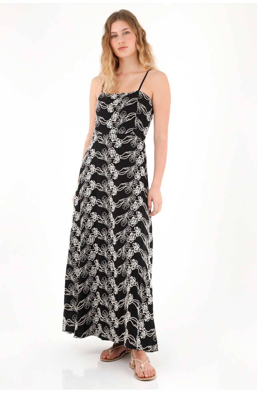 Vestido largo estampado con escote recto para mujer