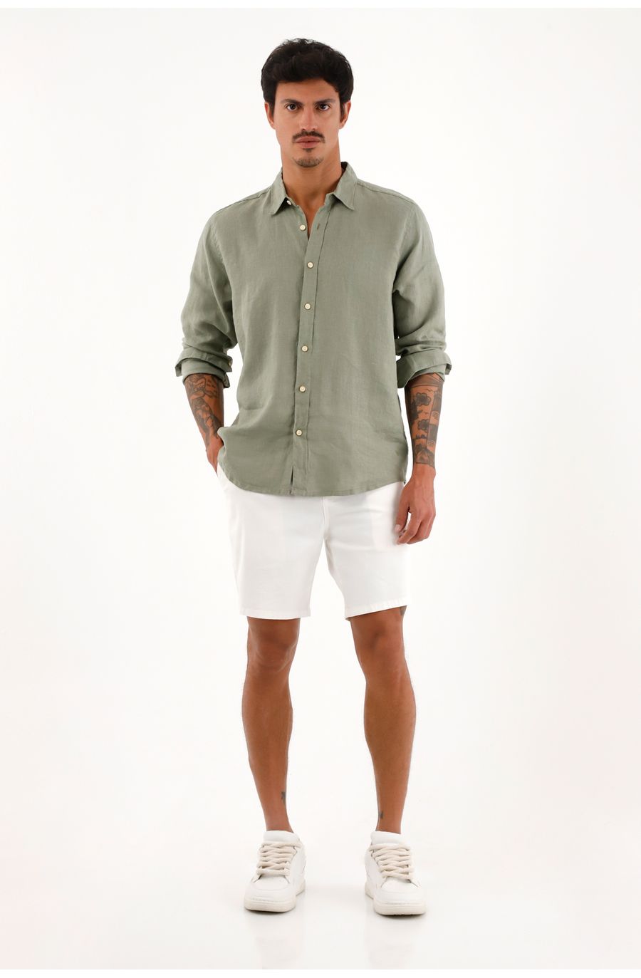 Camisa verde manga larga en lino 100% para hombre