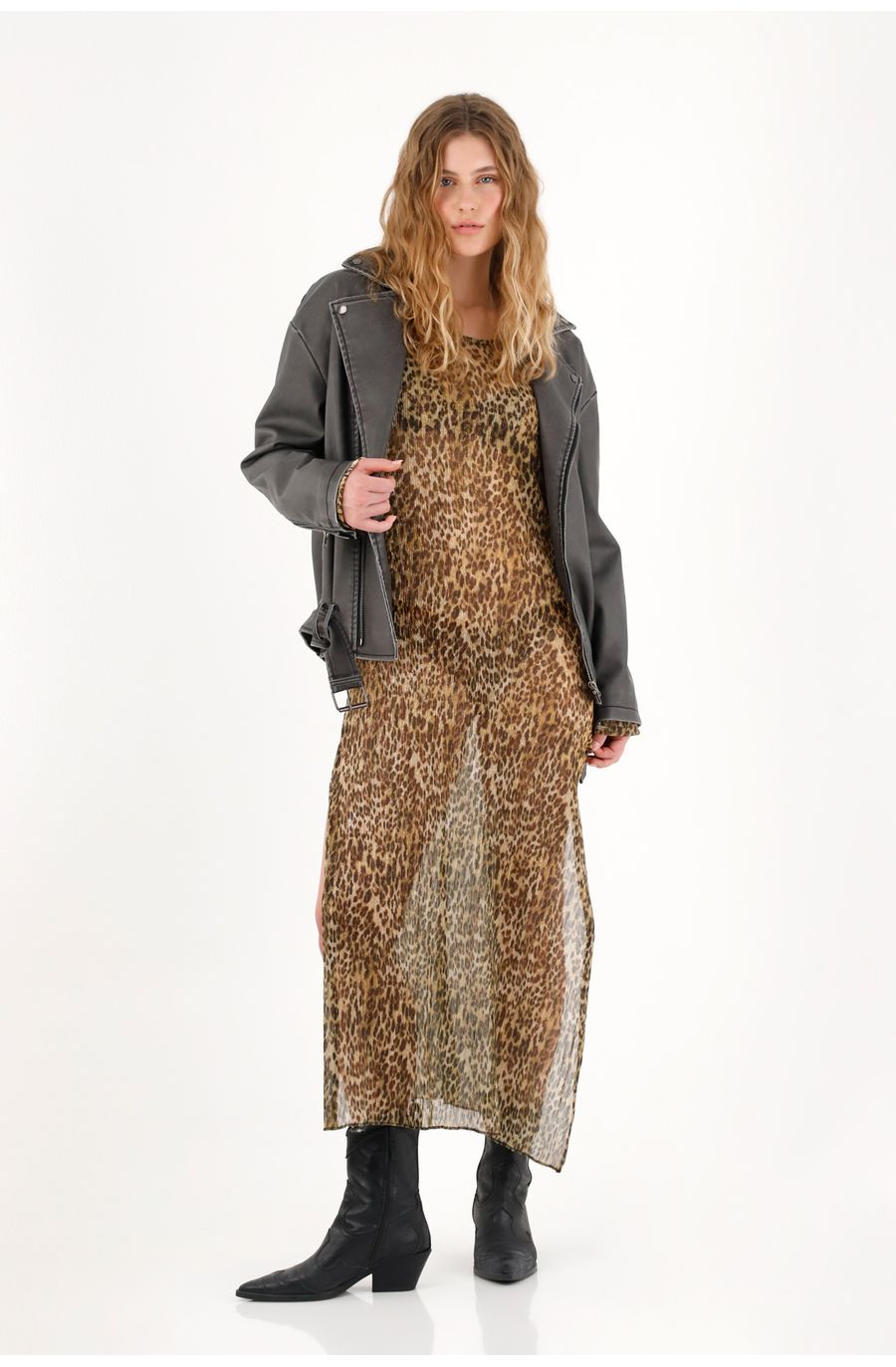 Vestido largo traslúcido animal print para mujer