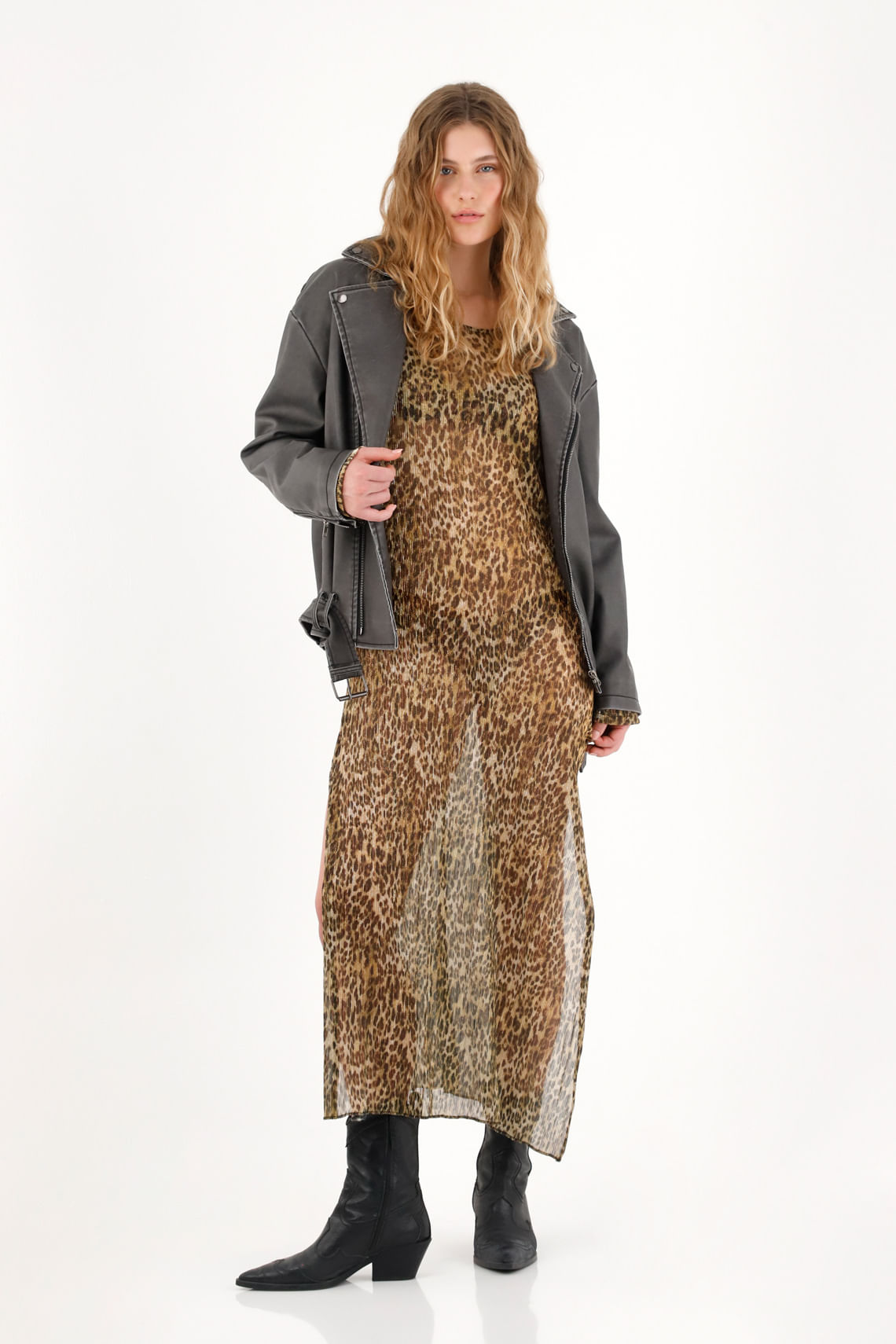 Vestido largo traslúcido animal print para mujer