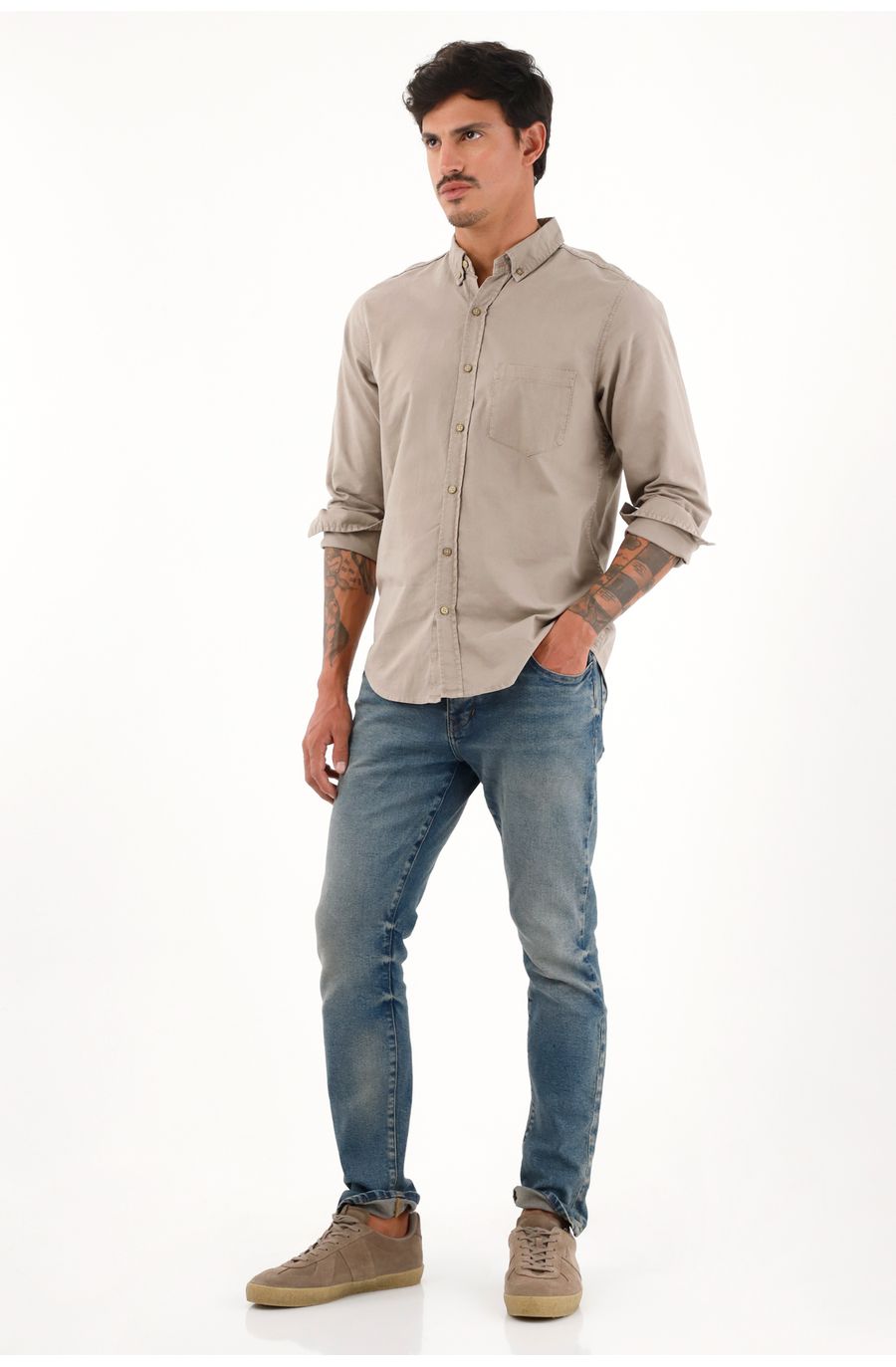 Camisa oxford manga larga café para hombre