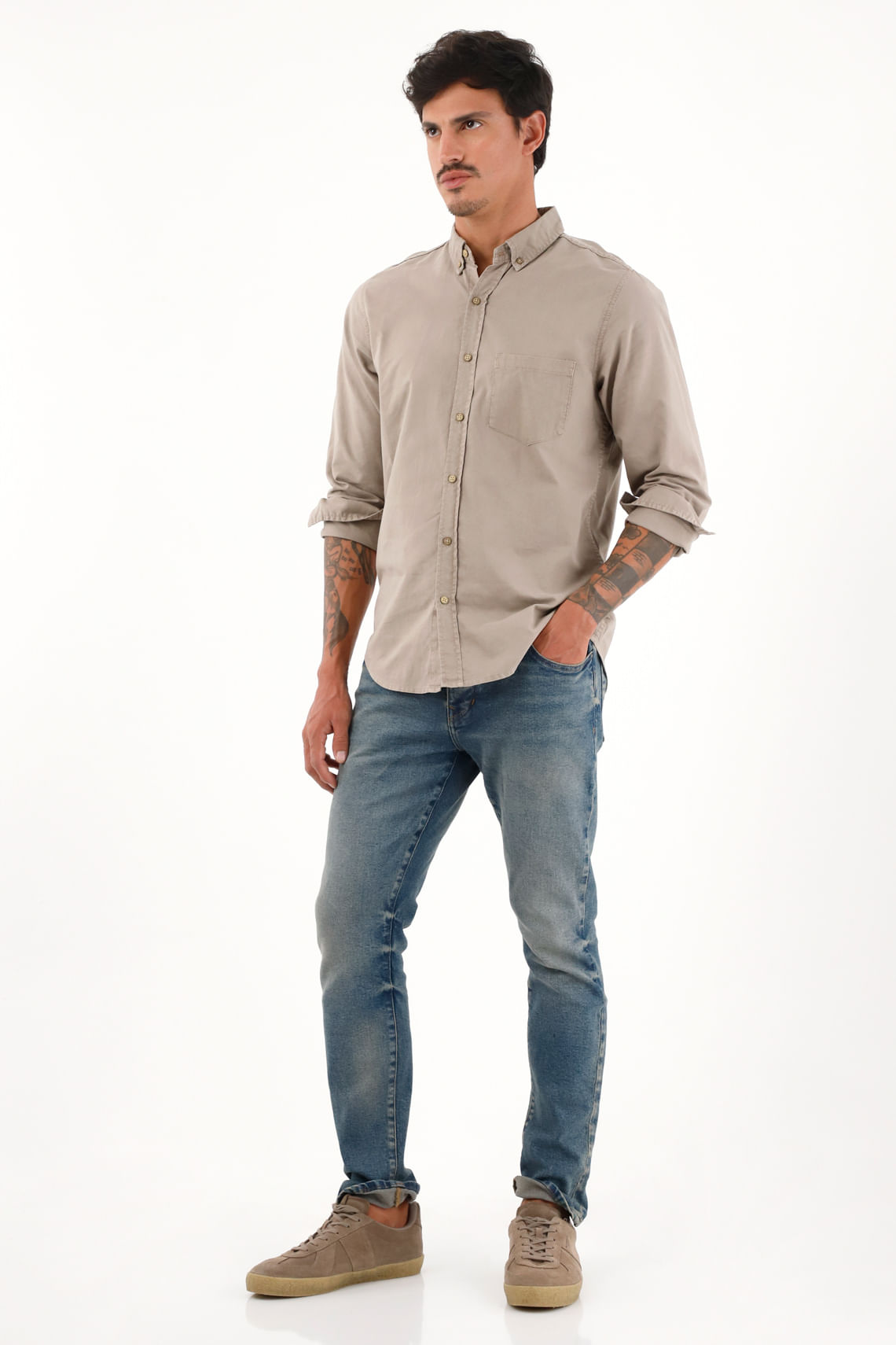 Camisa oxford manga larga café para hombre