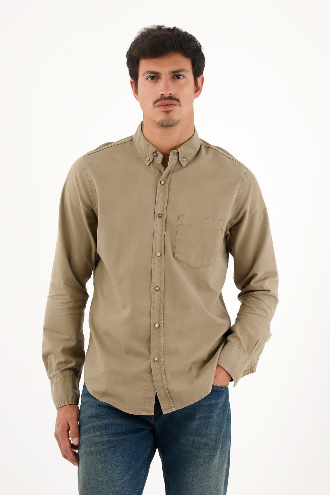 Camisa Oxford manga larga café para hombre