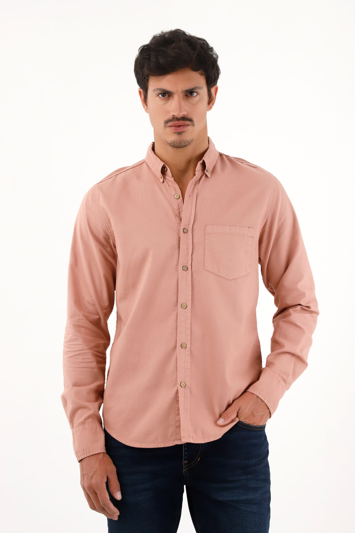 Camisa Oxford manga larga rosada para hombre