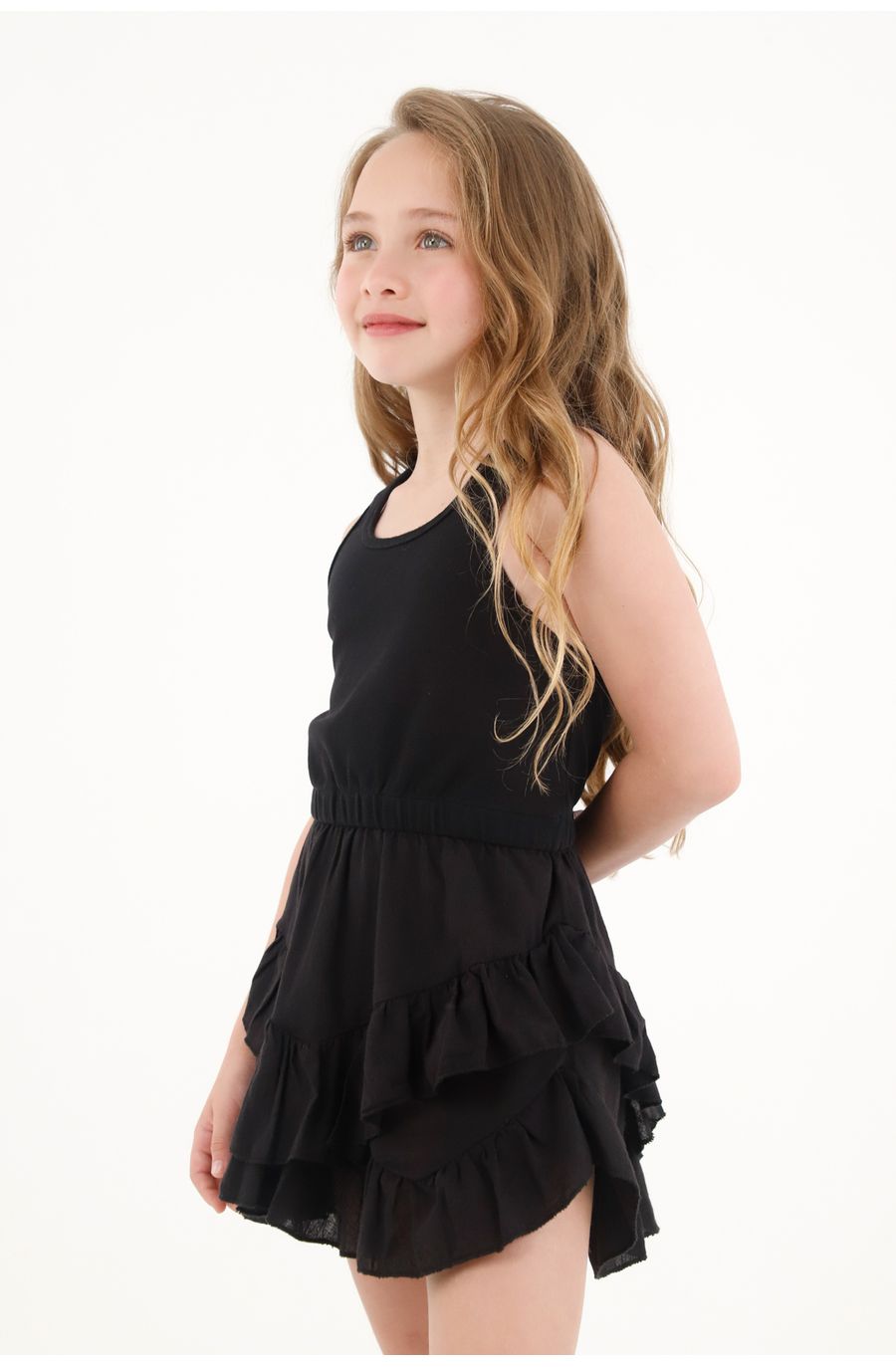 Vestido corto con boleros y elástico en la cintura para niña