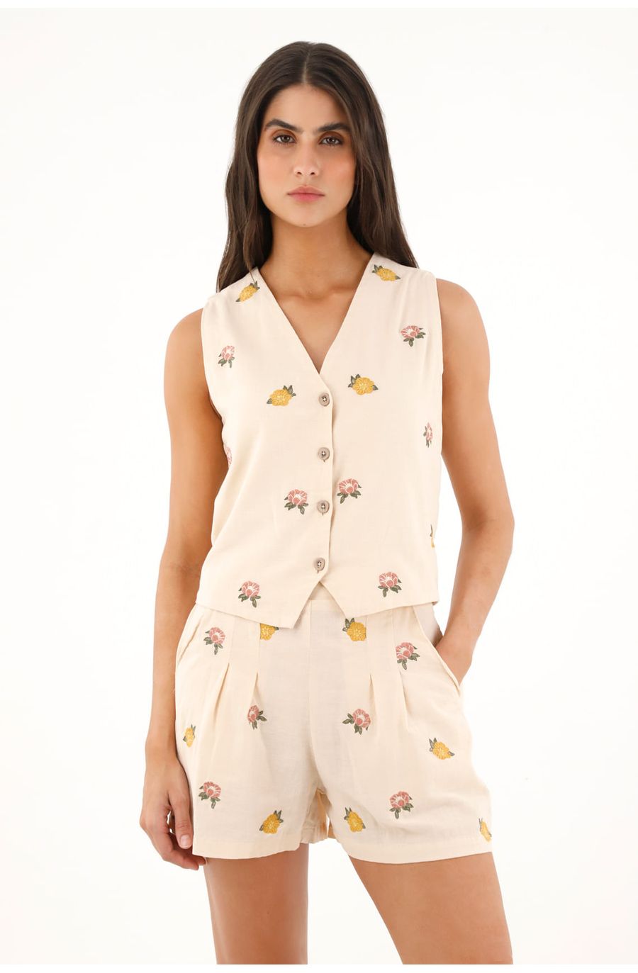 Chaleco escote en V de flores bordadas para mujer