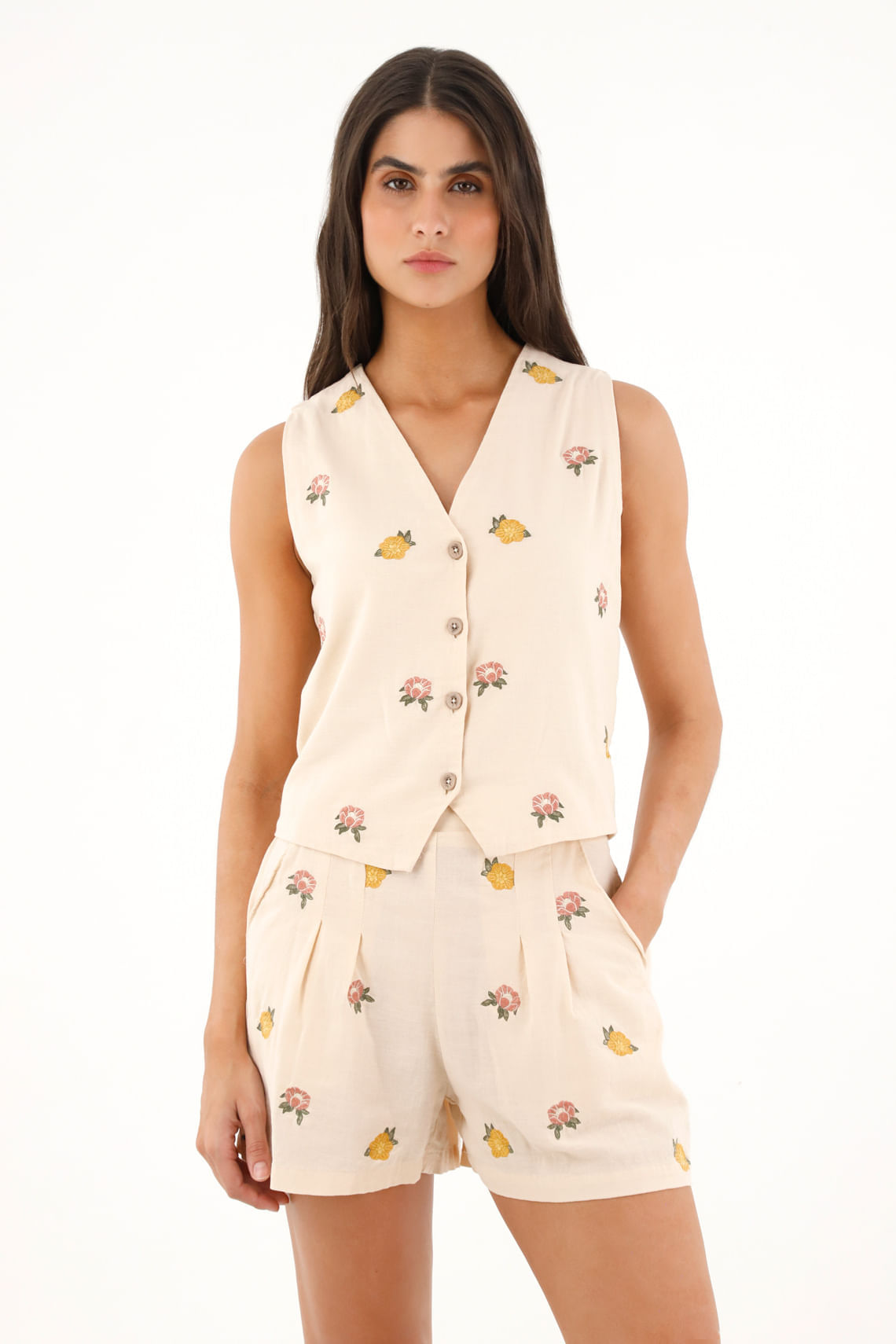 Chaleco escote en V de flores bordadas para mujer
