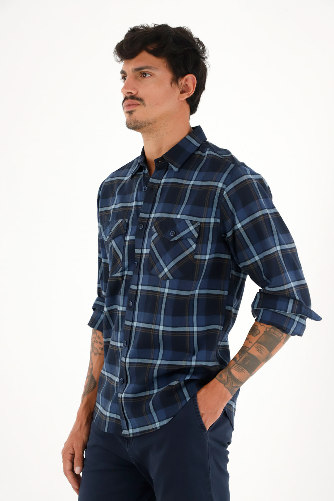 Camisa leñadora con botones en madera azul para hombre