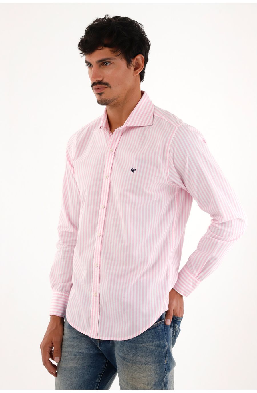 Camisa rosada manga larga con diseño a rayas para hombre