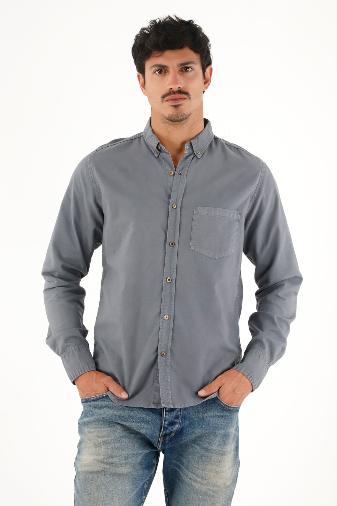 Camisa Oxford manga larga azul para hombre