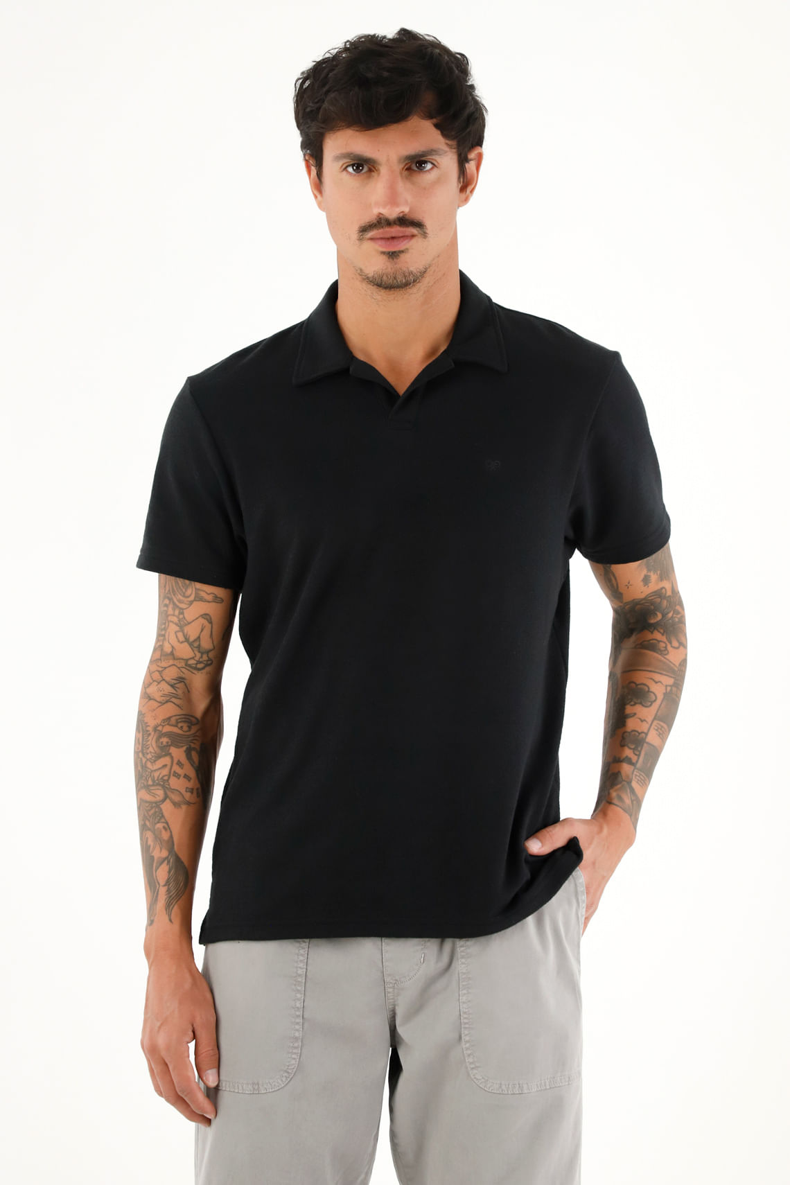 Polo negra en tela jersey con raqueta bordada para hombre
