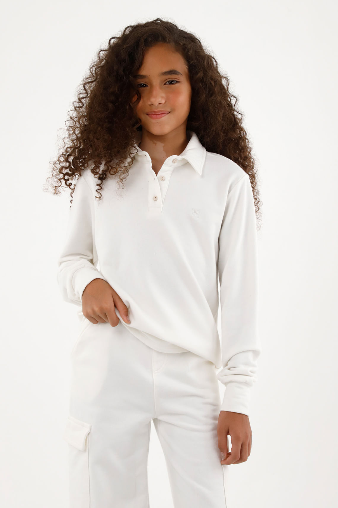Buzo tipo polo manga larga crudo para niña