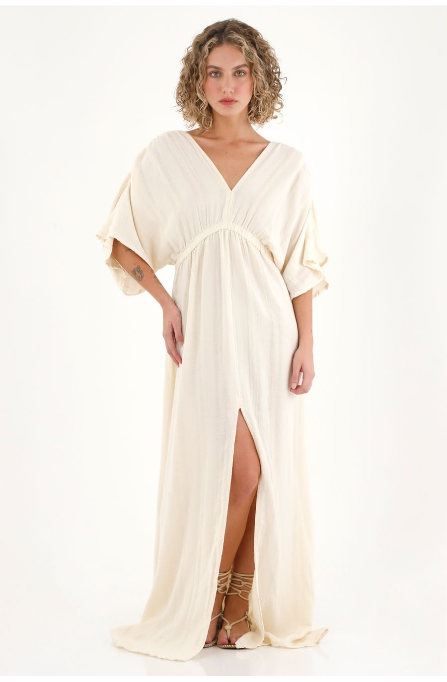 Vestido largo con escote en V crudo para mujer