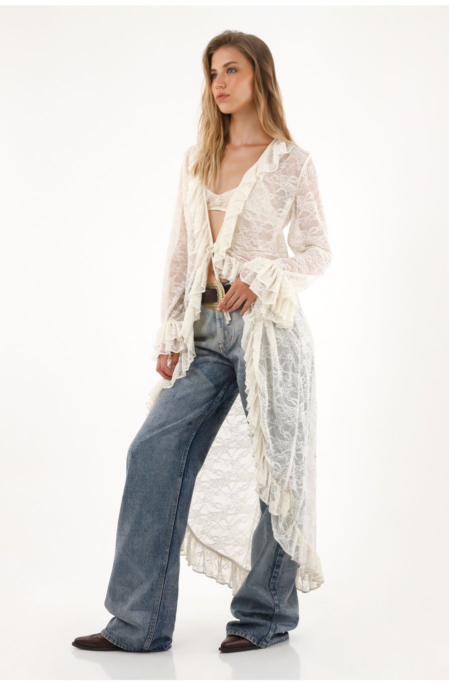 Kimono largo en encaje con boleros para mujer
