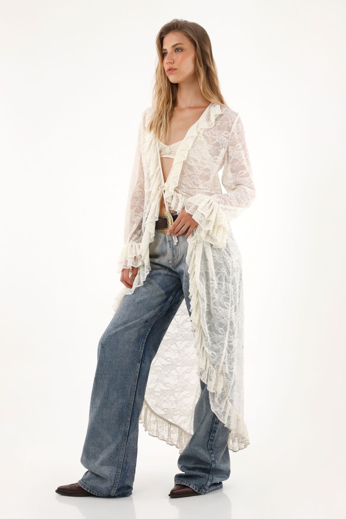 Kimono largo en encaje con boleros para mujer