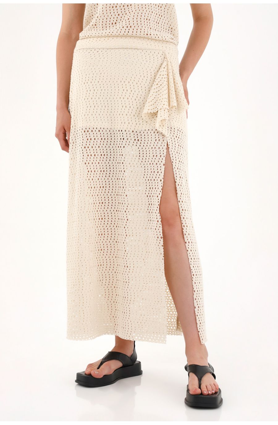 Falda larga en tela tipo malla crudo para mujer